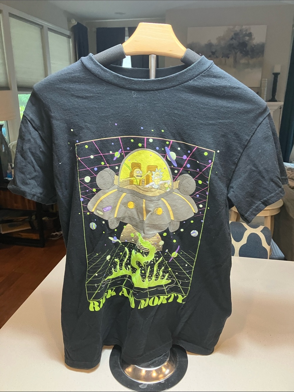 Black Rick and Morty Short Sleeve Graphic Tee - Neon Space Design